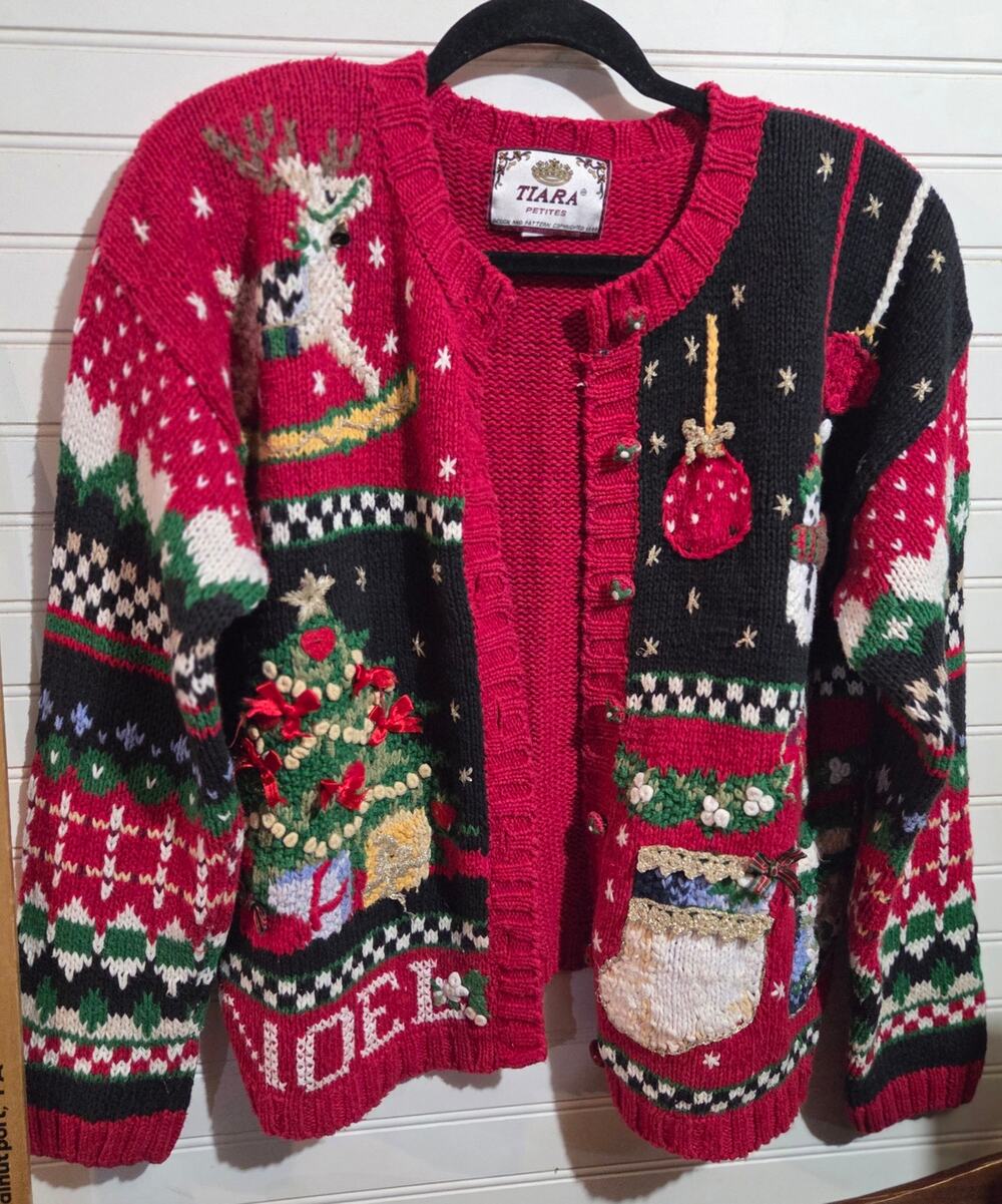 VTG 1999 Tiara Petites Ugly Christmas Cardigan Sweater Noel Tree Reindeer Size L